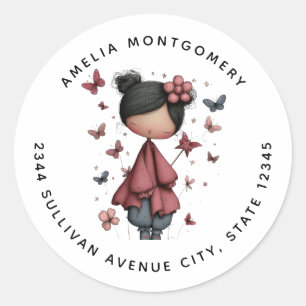 Girl with Magic Wand and Butterflies - Address Classic Round Sticker
