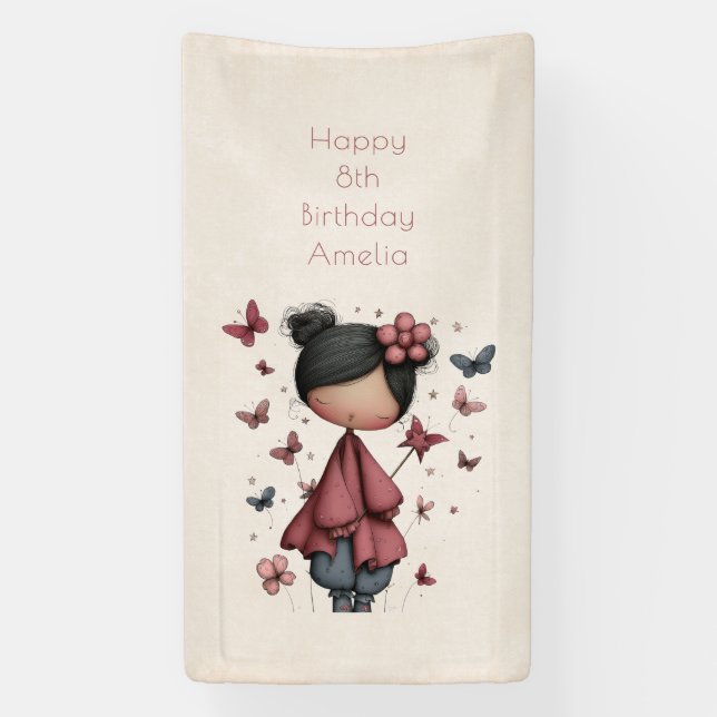 Girl with Magic Wand and Butterflies Birthday Banner (Vertical)