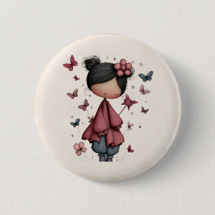 Girl with Magic Wand and Butterflies Cute 6 Cm Round Badge