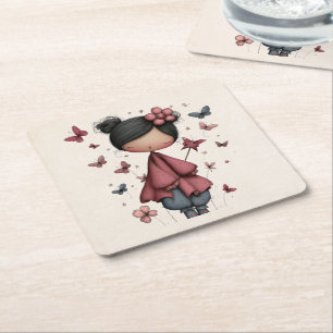 Girl with Magic Wand and Butterflies Square Paper Coaster