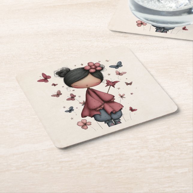 Girl with Magic Wand and Butterflies Square Paper Coaster (Angled)