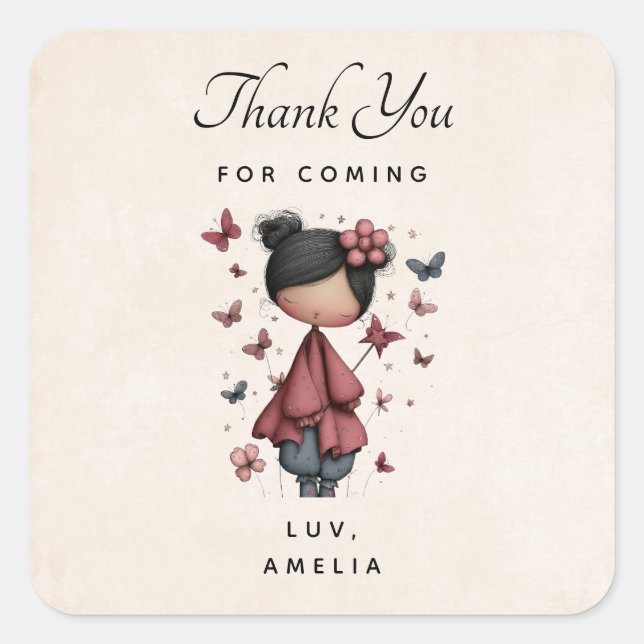Girl with Magic Wand and Butterflies Thank You Square Sticker (Front)