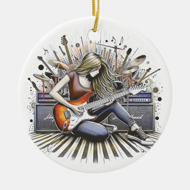 Girl with musical vibes ceramic tree decoration (Front)