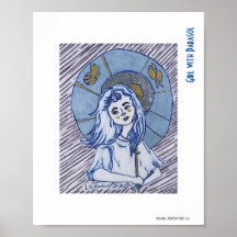 Girl with Parasol, blue ink portrait on white pape