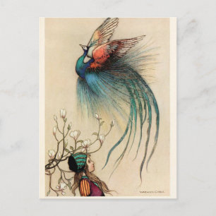 Girl with Peacock vintage painting Postcard