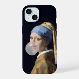Girl with pearl earring blowing a bubble gum iPhone 15 case