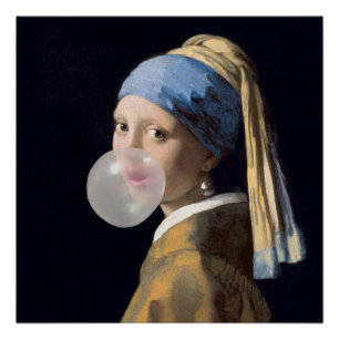 Girl with pearl earring blowing a bubble gum poster