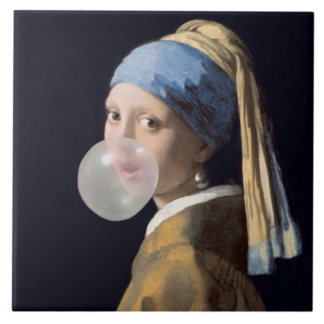 Girl with pearl earring blowing a bubble gum tile (Front)