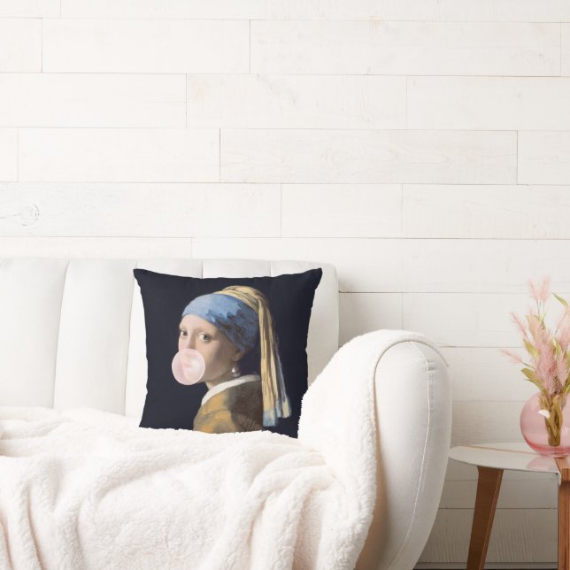 Girl with Pearl Earring blowing pink bubble gum Cushion (Couch)