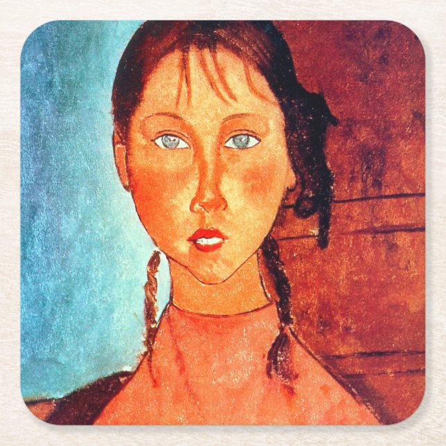 Girl with Pigtails, Modigliani Square Paper Coaster (Front)