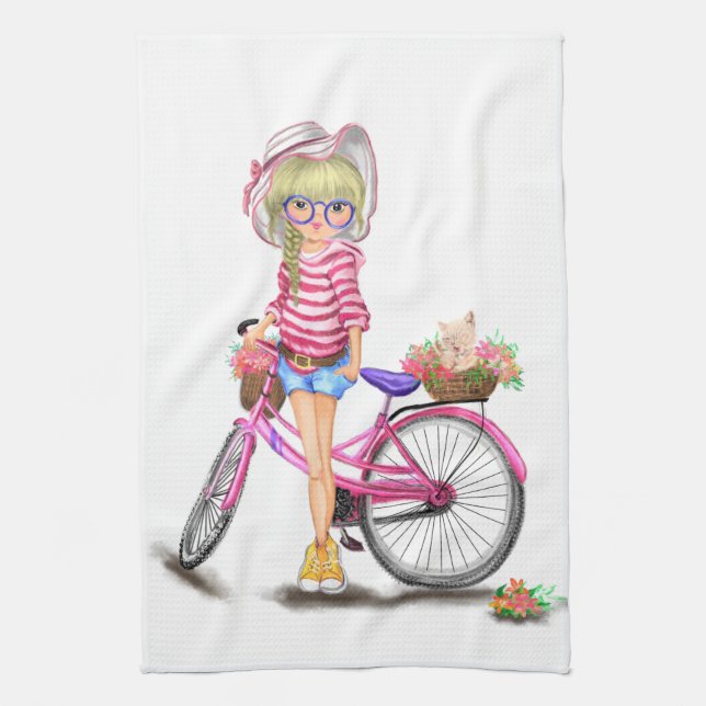 Girl with Pink Bike Kitchen Towel (Vertical)