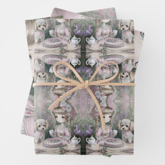 Girl with poodle and cat friends wrapping paper sheet