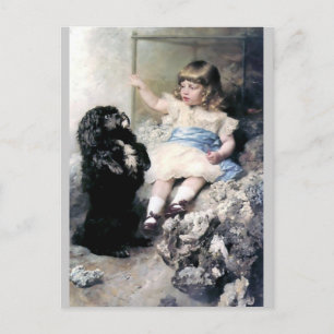 Girl with Poodle Dog Pet painting Postcard