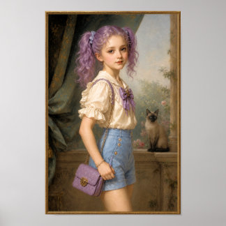 Girl with purple colour and Siamese Cat Poster
