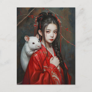 Girl with Rat Chinese Zodiac Art Postcard