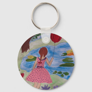 Girl With Red Balloon Button Key Ring