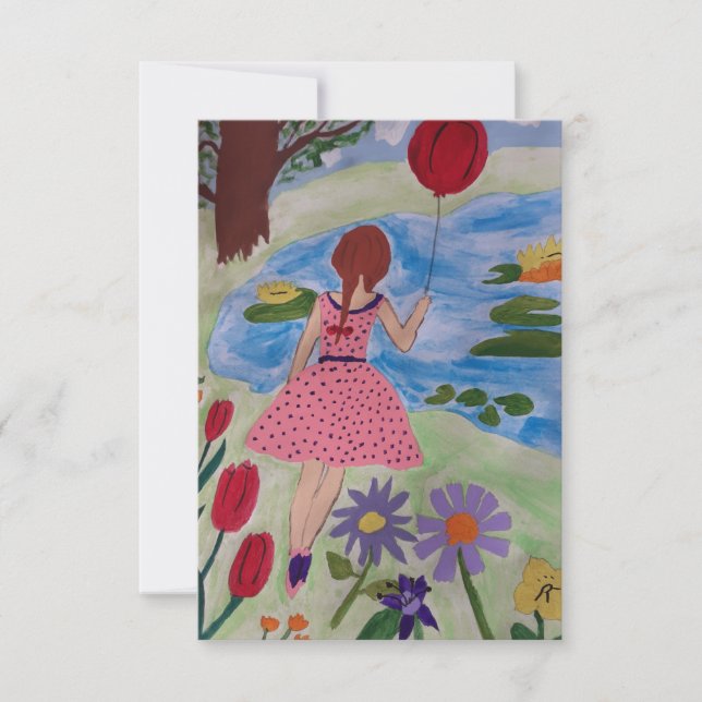 Girl With Red Balloon Flat Greeting Card (Front)