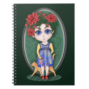 Girl with red cat and apple. Chibi Style.  Notebook