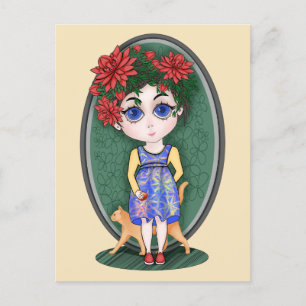 Girl with red cat and apple. Chibi Style. Postcard