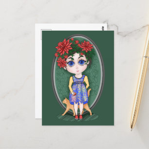 Girl with red cat and apple. Chibi Style. Postcard
