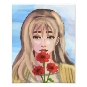 Girl with Red Flowers Handdrawn Digital Art Photo Print
