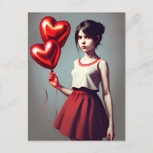 Girl with red heart balloon postcard
