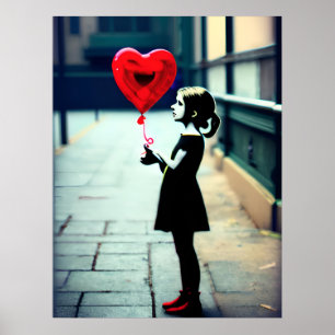 Girl with red heart balloon poster