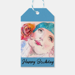 Girl with Red Rose Beret Birthday Party Girls Gift Tags