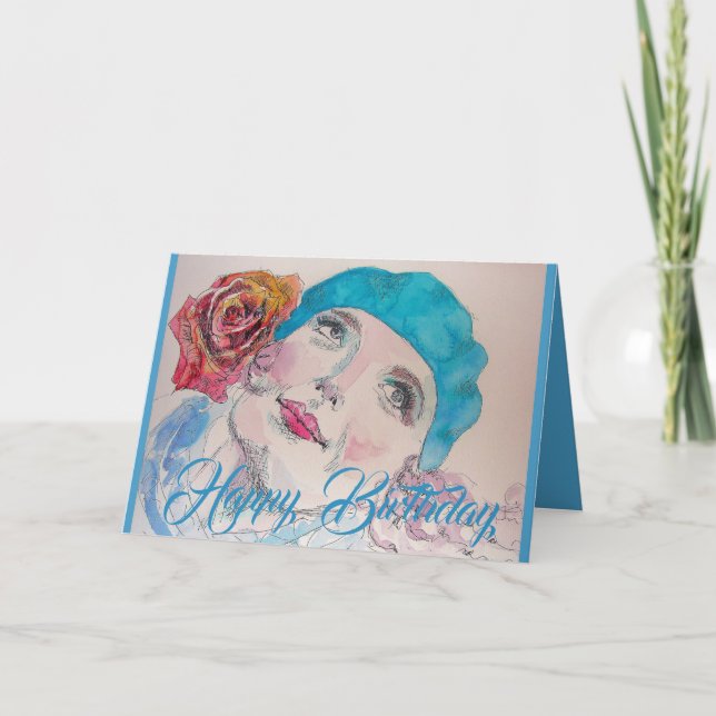 Girl with Red Rose Beret Watercolor Birthday Card (Front)