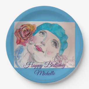 Girl with Red Rose Beret Watercolor Birthday Card Paper Plate