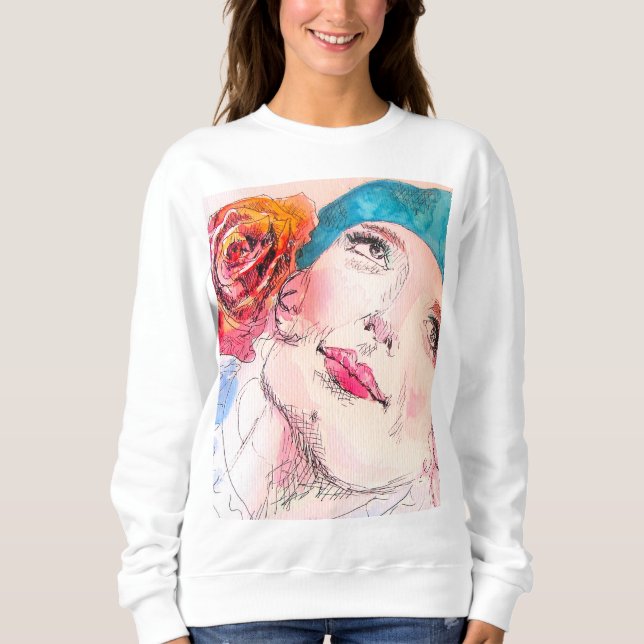 Girl with Red Rose Beret Watercolor Girls Pink Sweatshirt (Front)