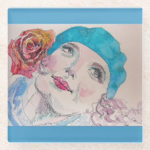 Girl with Red Rose Beret Watercolor  Glass Coaster