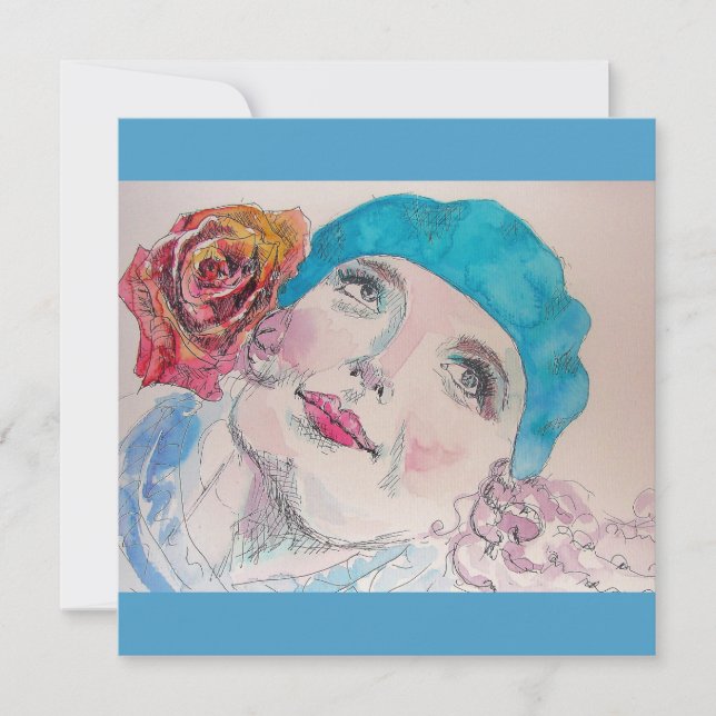 Girl with Red Rose Beret Watercolor Magnetic Card (Front)