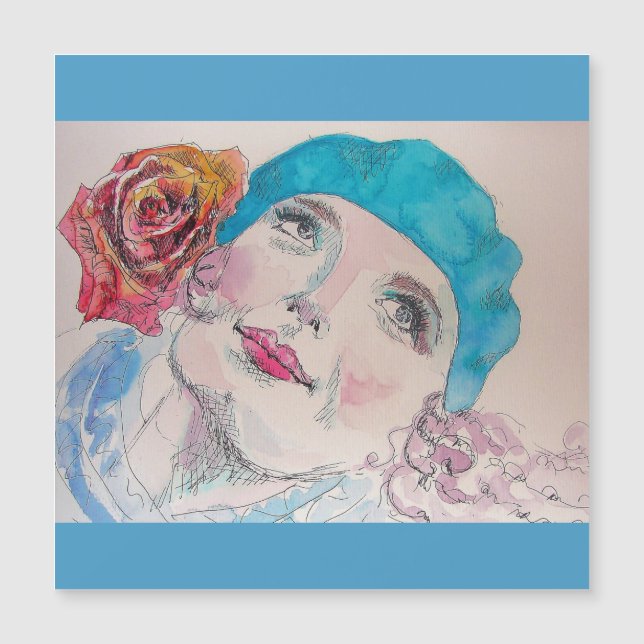 Girl with Red Rose Beret Watercolor Magnetic Card (Front)