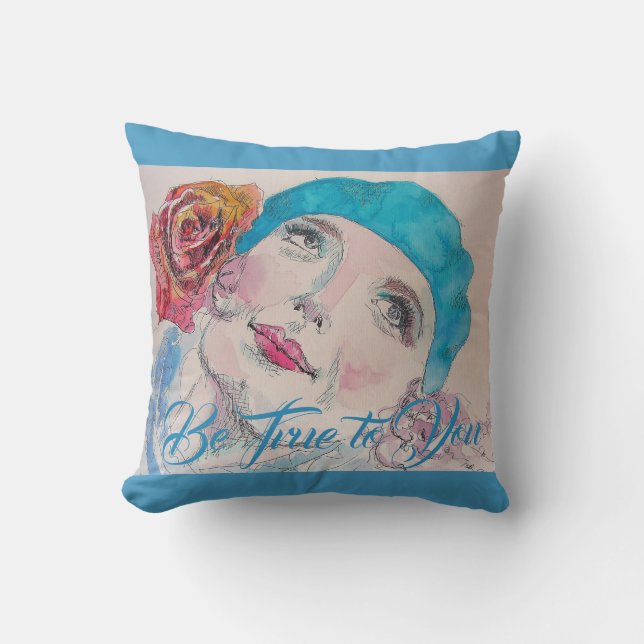 Girl with Red Rose Beret Watercolor Teal Cushion (Front)