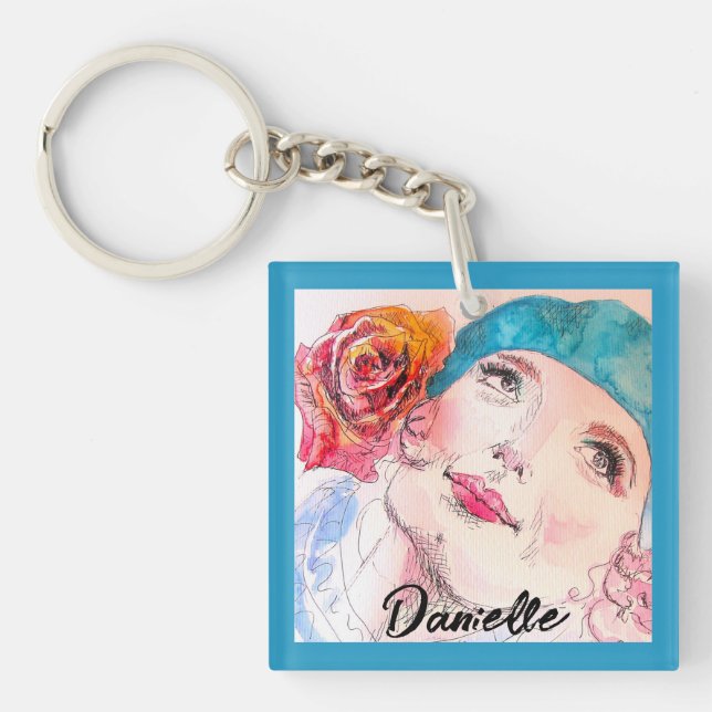 Girl with Red Rose Beret Womens Aqua Girls Key Ring (Front)