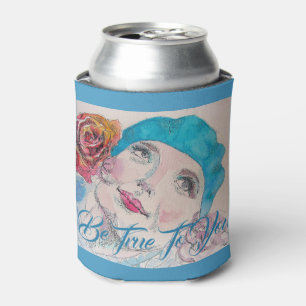 Girl With Red Rose Watercolor Be True To You Teal Can Cooler