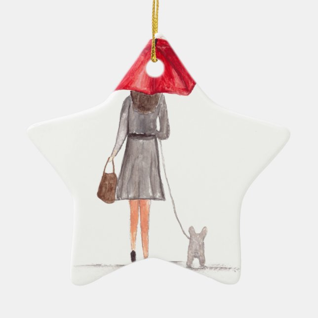 Girl with red umbrella ceramic tree decoration (Front)