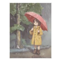 Girl with Red Umbrella in Rainy Forest