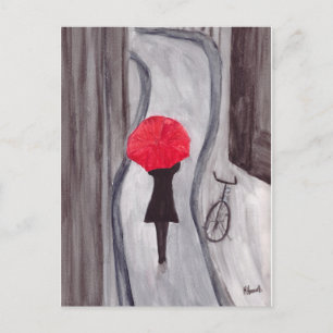 Girl with red umbrella painting postcard