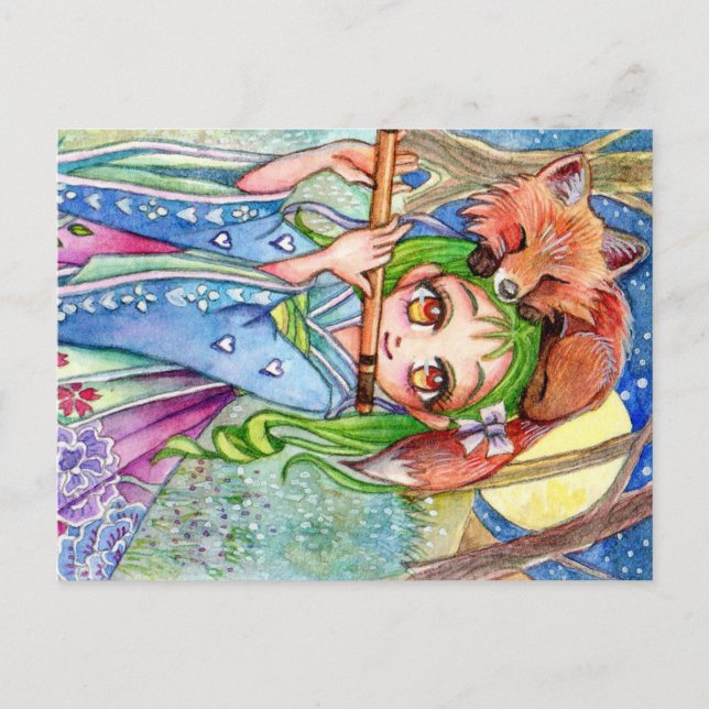 Girl with Sleepy Fox Postcard (Front)