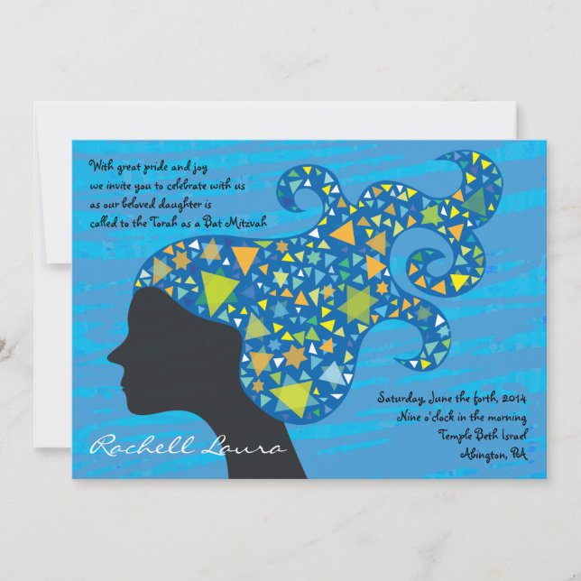 Girl with Stars in Her Hair Bat Mitzvah Invitation (Front)