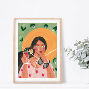 Girl with summer hat sunglasses floral wallpaper poster