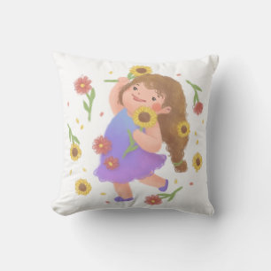 Girl with Sunflowers Illustration Cushion