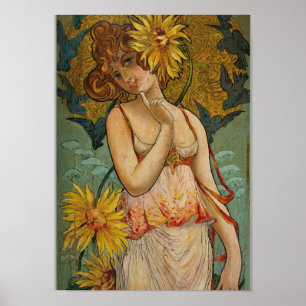 Girl with Sunflowers Poster