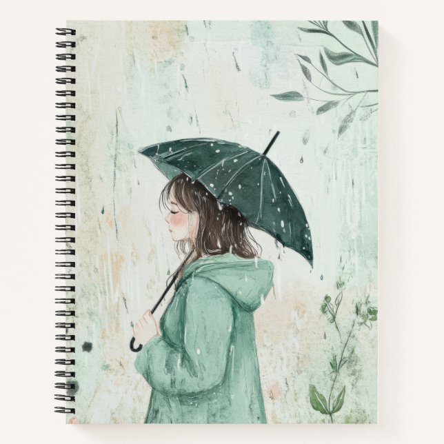 Girl with Teal Umbrella Rainy Garden (2) Notebook (Front)