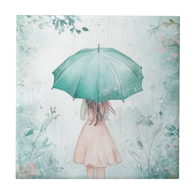 Girl with Teal Umbrella Rainy Garden Tile (Front)