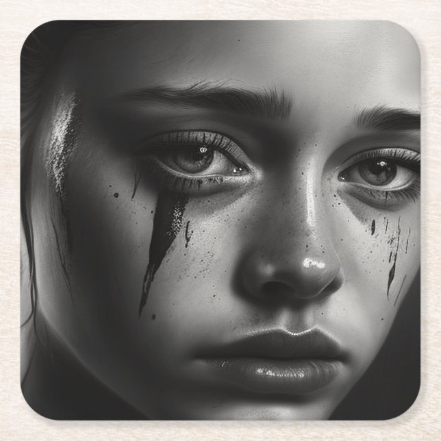 Girl with tears square paper coaster (Front)