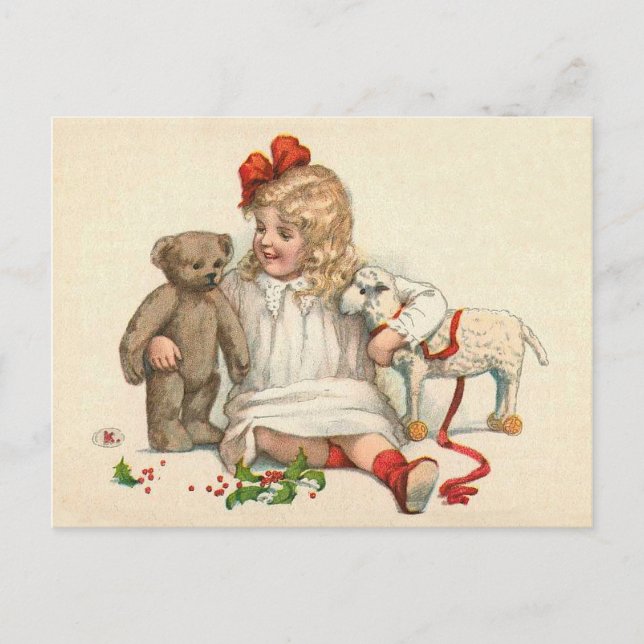 Girl with Teddy and Lamb Postcard (Front)