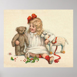 Girl with Teddy and Lamb Poster